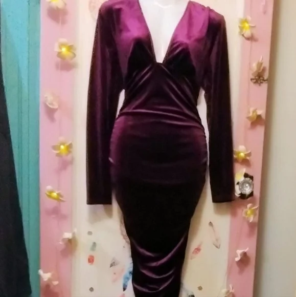 Myone DEEP V & Purple Velevet Long Sleeve Stretchy Bodycon Midi Dress (L) EUC! - Picture 2 of 8